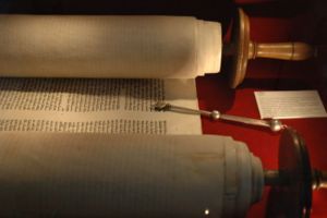 A Torah scroll, the Torah contains the five books of Moses, which are the first five books of the Hebrew Bible.
