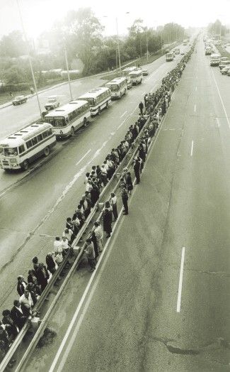 The Baltic Way, a mass demonstration where ca 25% of the population of the Baltic states participated. It demonstrated solidarity among the three nations and the wish for independence from the Soviet occupation
